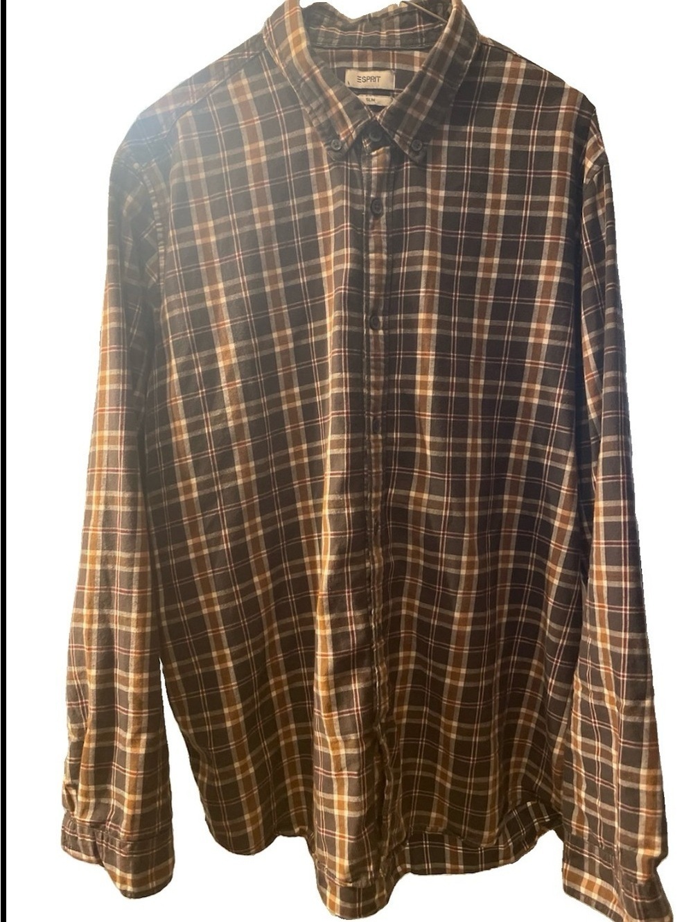 Esprit Men's Brown and Tan Plaid Button-Down Shirt